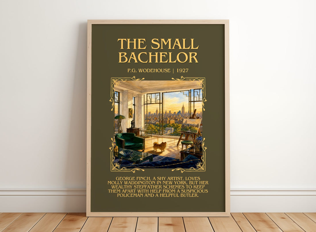 The Small Bachelor Minimalist Book Poster by P.G. Wodehouse – framed print leaning on a wooden floor