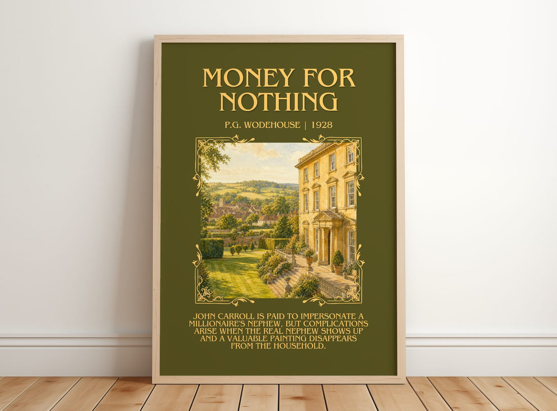Money for Nothing Minimalist Book Poster by P.G. Wodehouse – framed print leaning on a wooden floor