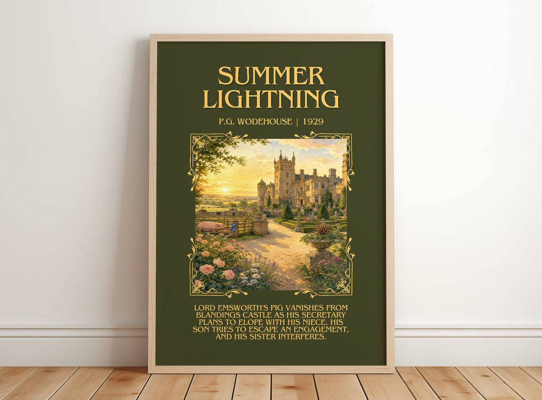 Summer Lightning Minimalist Book Poster by P.G. Wodehouse – framed print leaning on a wooden floor