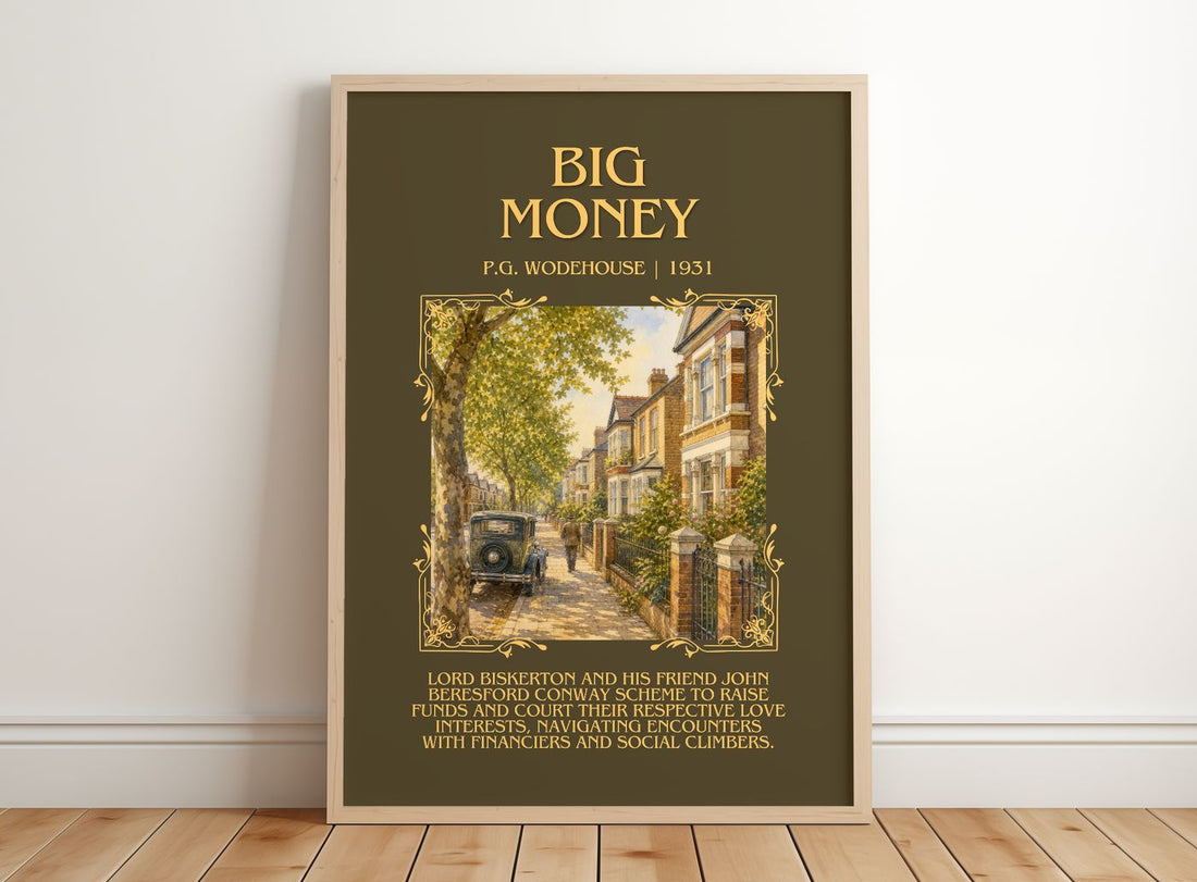 Big Money Minimalist Book Poster by P.G. Wodehouse – framed print leaning on a wooden floor