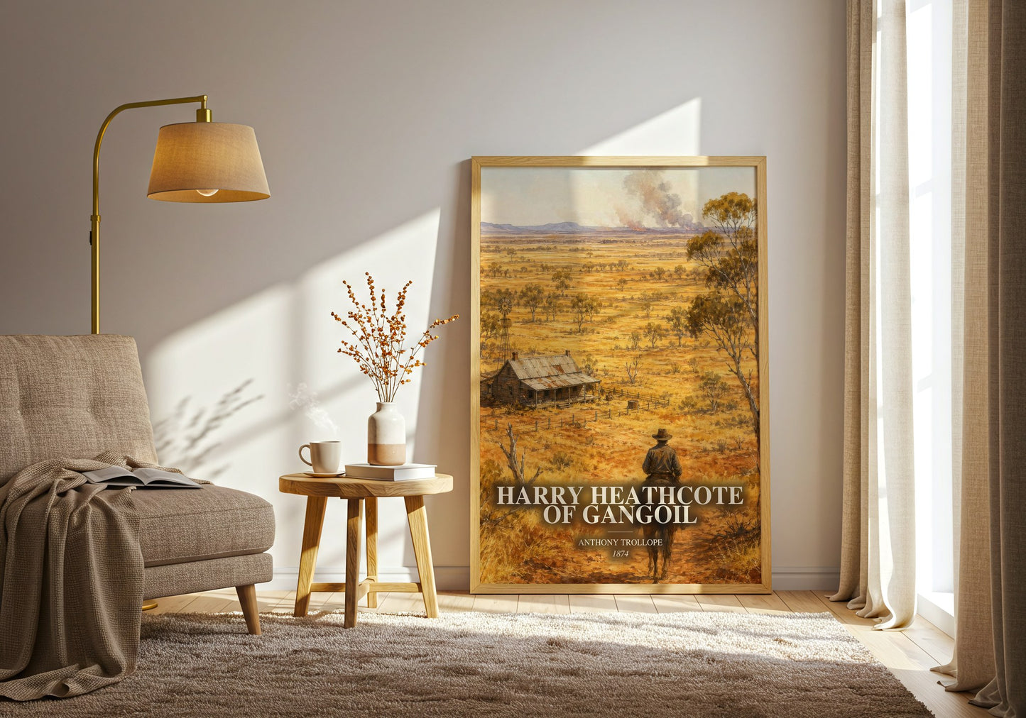 Harry Heathcote Of Gangoil watercolour print in frame leaning in hallway – historical fiction wall art