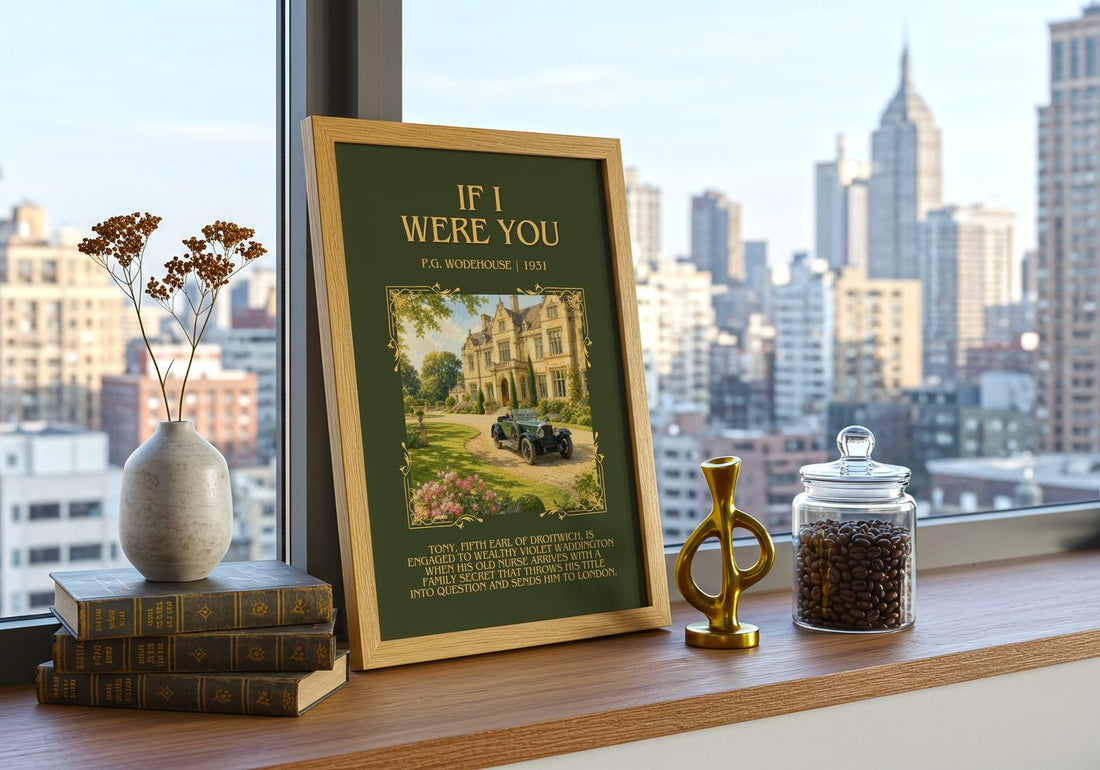 If I Were You Minimalist Book Poster by P.G. Wodehouse – framed print on a city-view windowsill