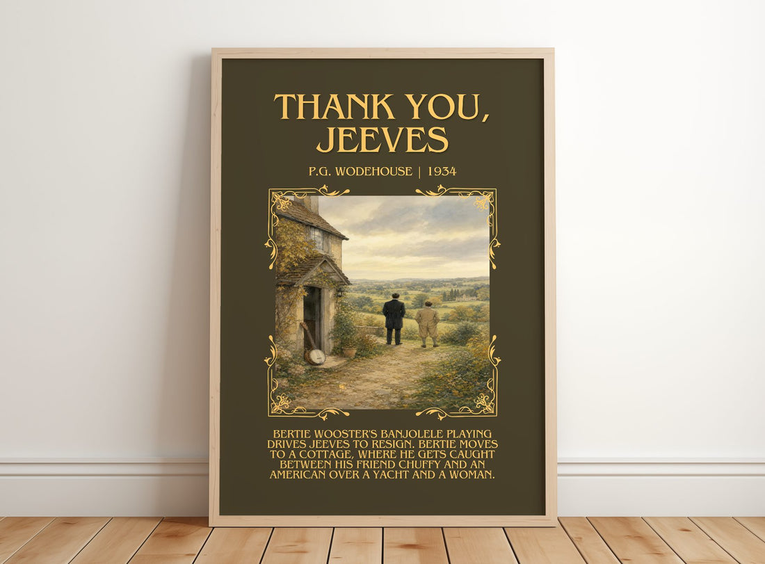 Thank You, Jeeves Minimalist Book Poster by P.G. Wodehouse – framed print leaning on a wooden floor