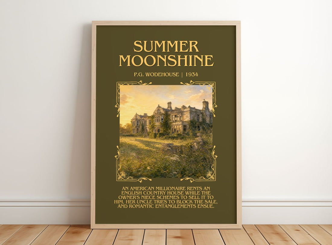 Summer Moonshine Minimalist Book Poster by P.G. Wodehouse – framed print leaning on a wooden floor