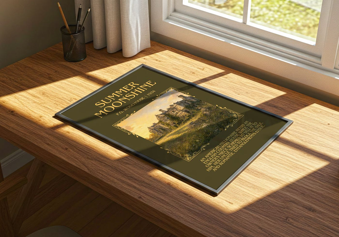 Summer Moonshine Minimalist Book Poster by P.G. Wodehouse – print on a sunlit desk