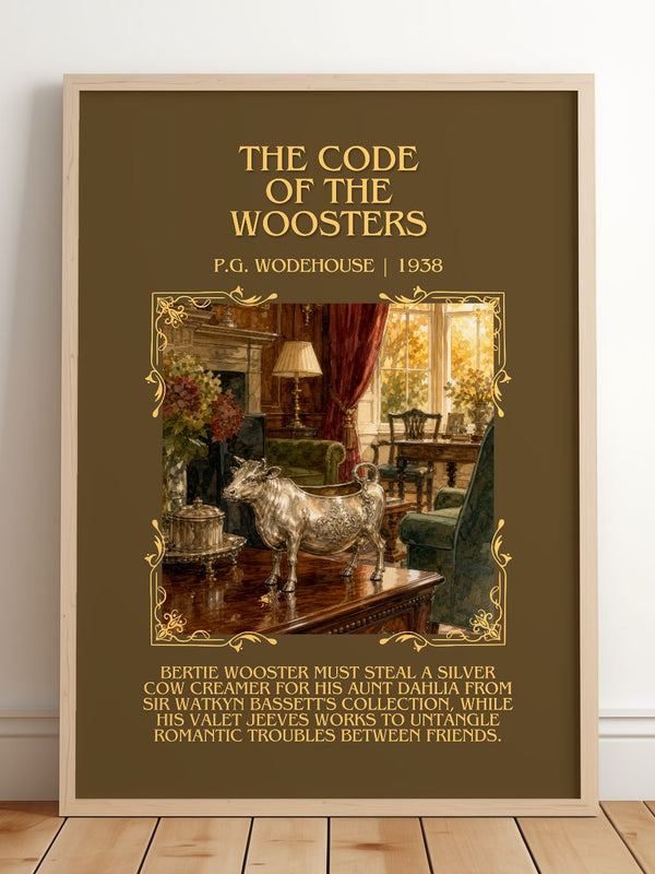 The Code of the Woosters Minimalist Book Poster by P.G. Wodehouse – framed print leaning on a wooden floor