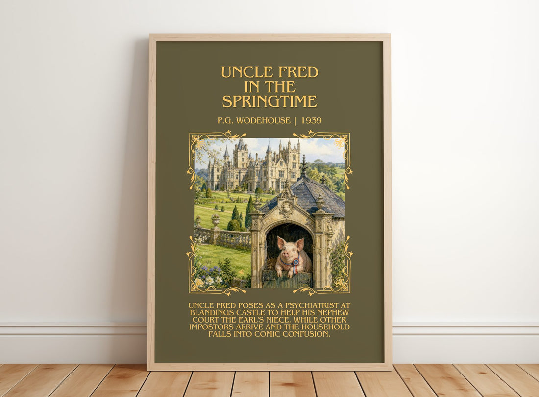 Uncle Fred in the Springtime Minimalist Book Poster by P.G. Wodehouse – framed print leaning on a wooden floor