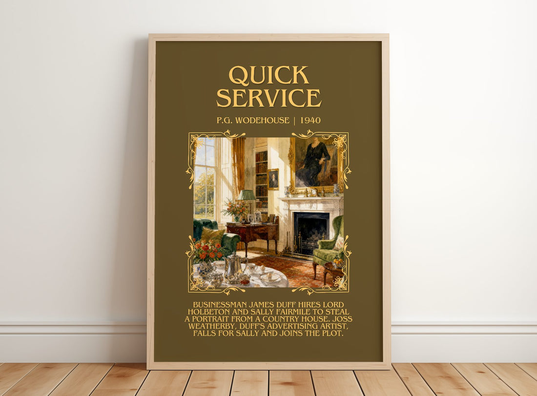 Quick Service Minimalist Book Poster by P.G. Wodehouse – framed print leaning on a wooden floor