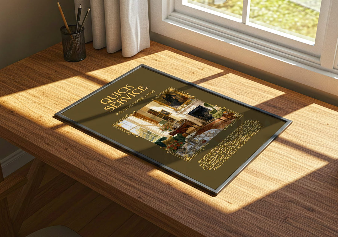 Quick Service Minimalist Book Poster by P.G. Wodehouse – print on a sunlit desk