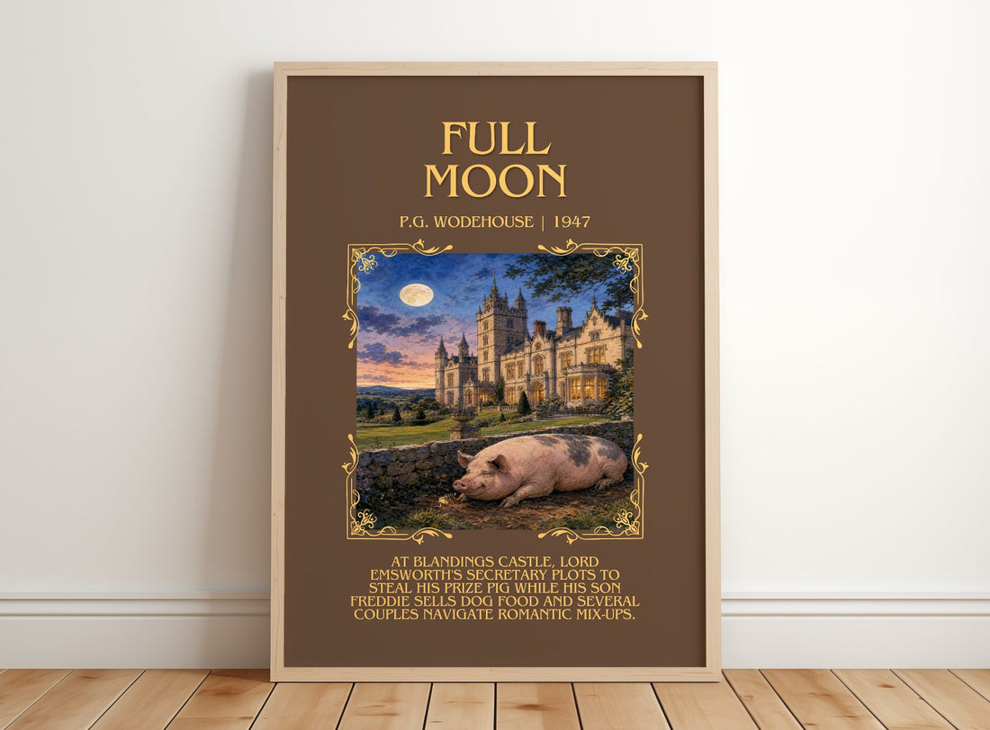 Full Moon Minimalist Book Poster by P.G. Wodehouse – framed print leaning on a wooden floor