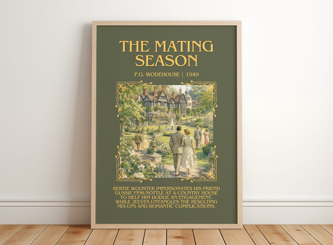 The Mating Season Minimalist Book Poster by P.G. Wodehouse – framed print leaning on a wooden floor