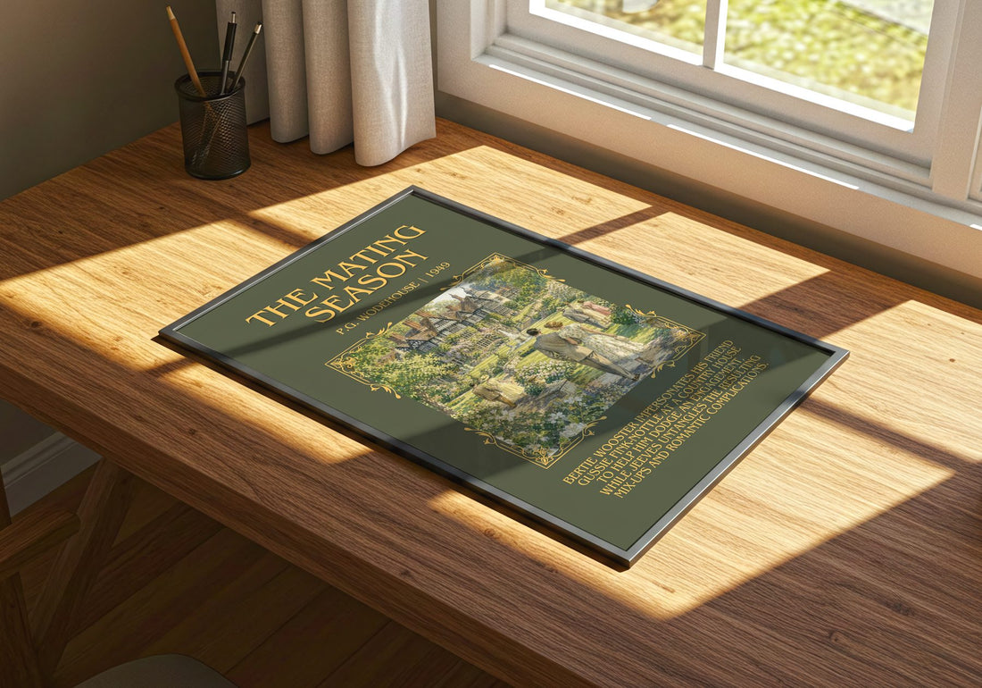 The Mating Season Minimalist Book Poster by P.G. Wodehouse – print on a sunlit desk