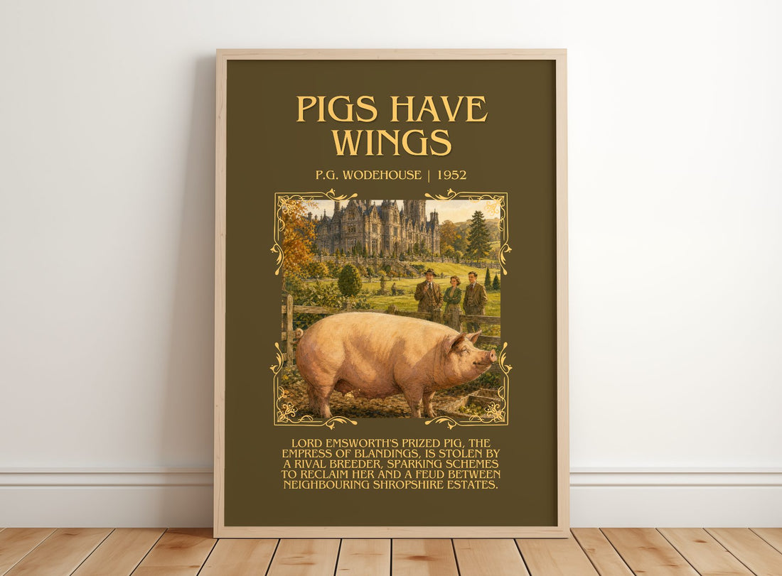 Pigs Have Wings Minimalist Book Poster by P.G. Wodehouse – framed print leaning on a wooden floor