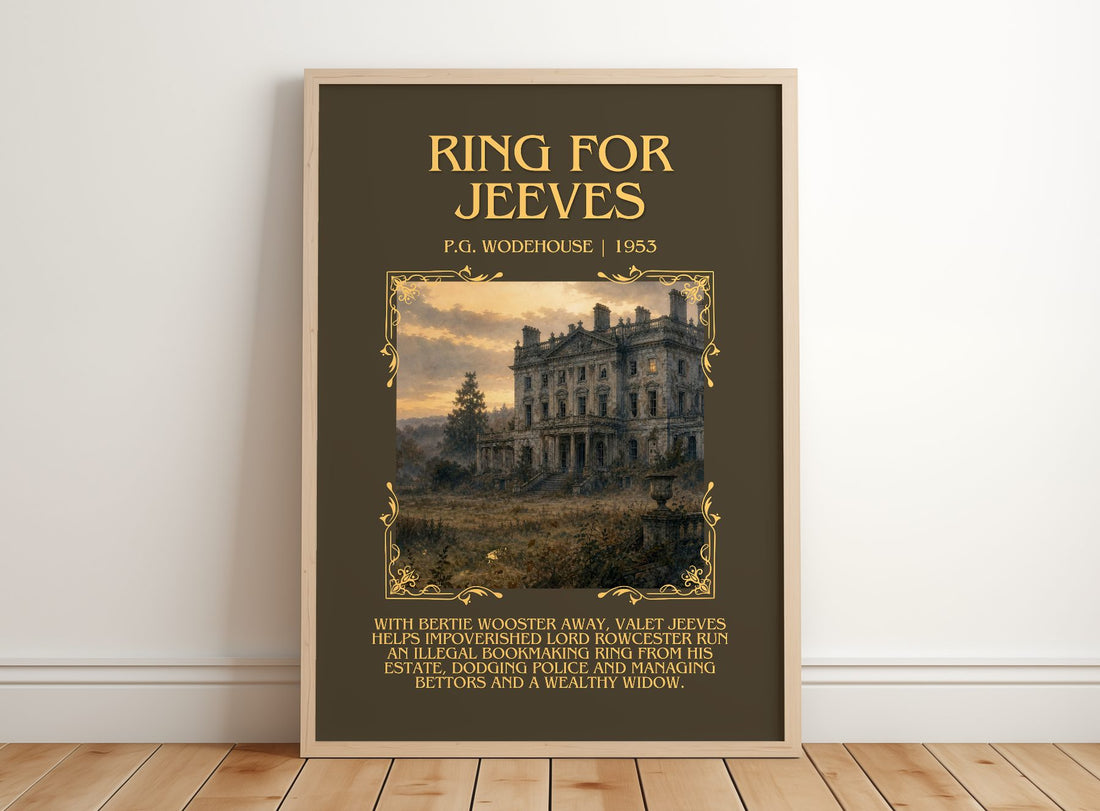 Ring for Jeeves Minimalist Book Poster by P.G. Wodehouse – framed print leaning on a wooden floor