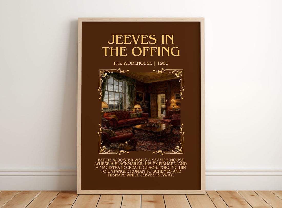 Jeeves in the Offing Minimalist Book Poster by P.G. Wodehouse – framed print leaning on a wooden floor