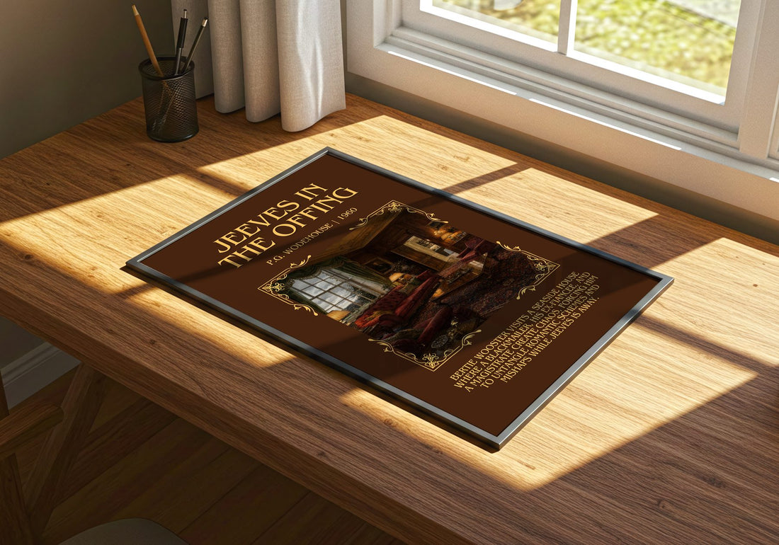 Jeeves in the Offing Minimalist Book Poster by P.G. Wodehouse – print on a sunlit desk