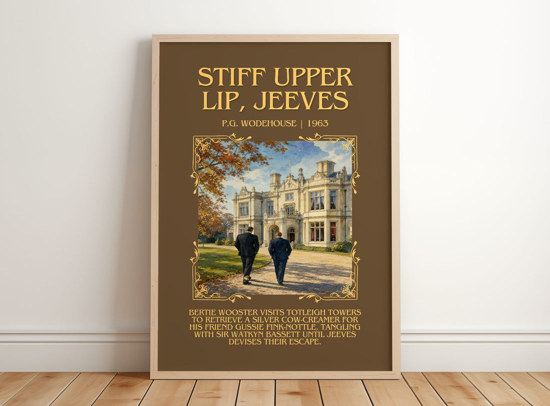 Stiff Upper Lip, Jeeves Minimalist Book Poster by P.G. Wodehouse – framed print leaning on a wooden floor