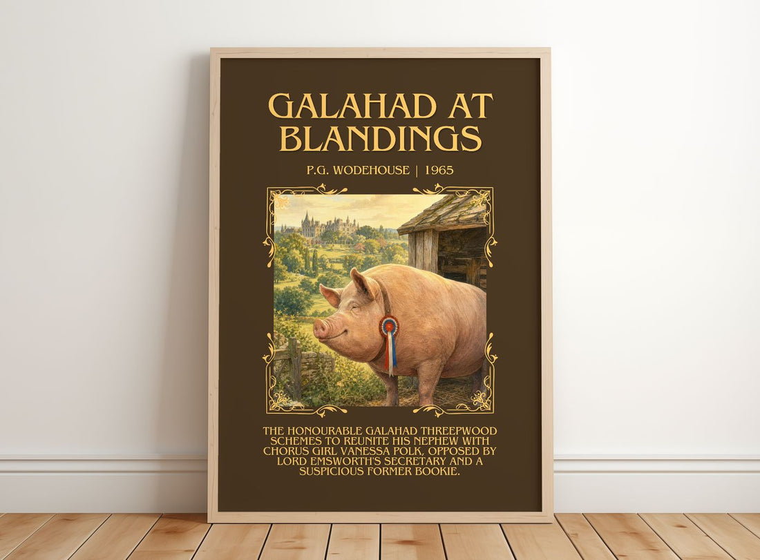 Galahad at Blandings Minimalist Book Poster by P.G. Wodehouse – framed print leaning on a wooden floor
