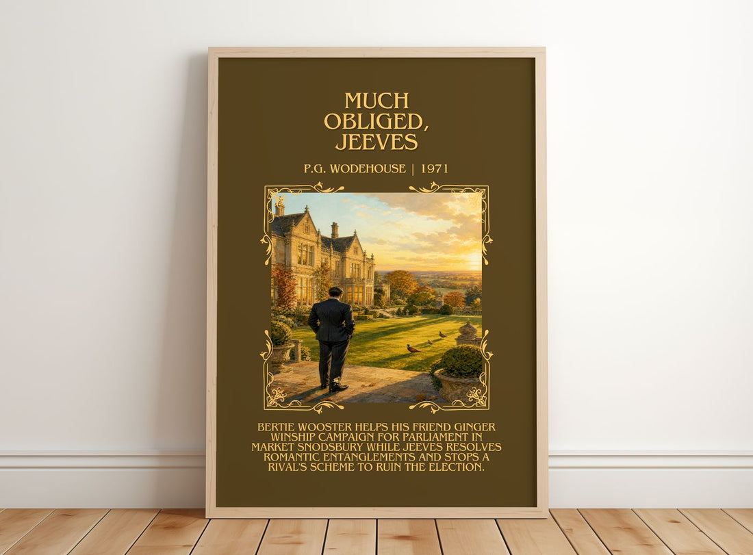 Much Obliged, Jeeves Minimalist Book Poster by P.G. Wodehouse – framed print leaning on a wooden floor