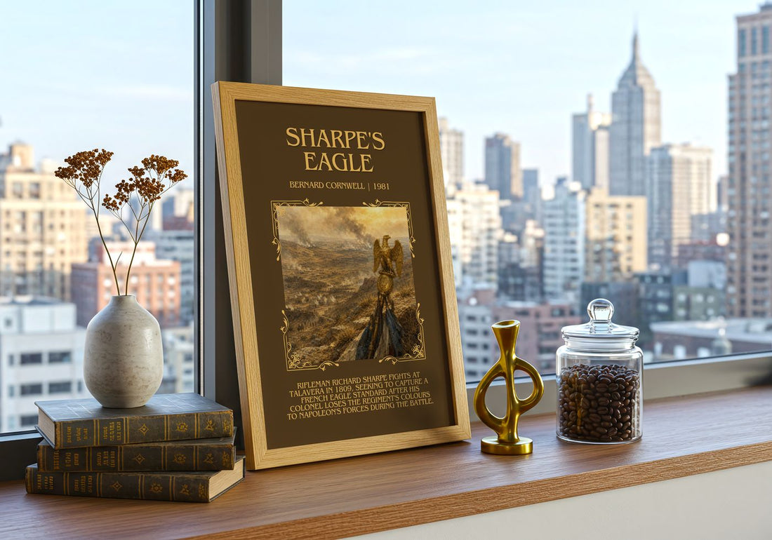 Sharpe's Eagle Minimalist Book Poster by Bernard Cornwell – framed print on a city-view windowsill