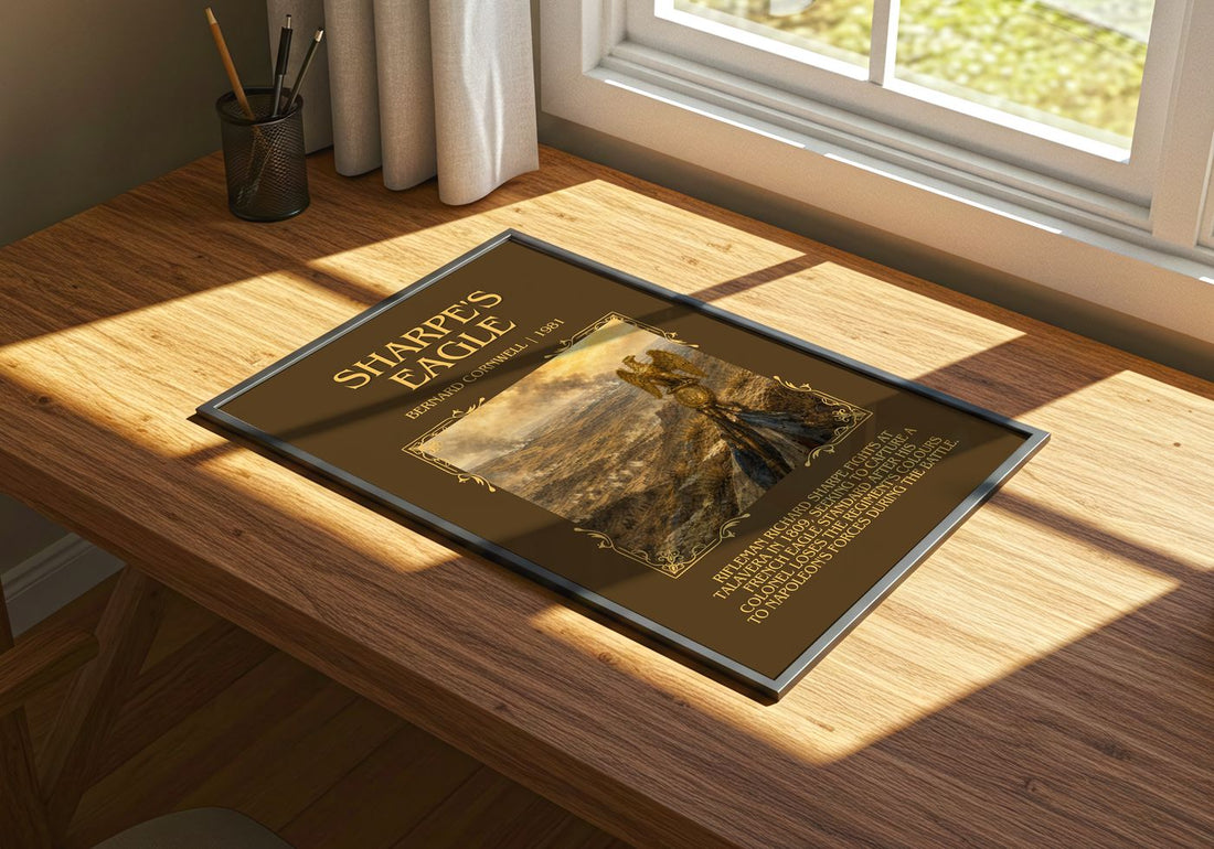 Sharpe's Eagle Minimalist Book Poster by Bernard Cornwell – print on a sunlit desk