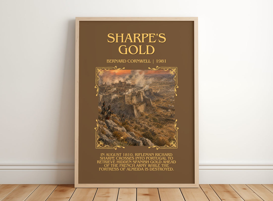 Sharpe's Gold Minimalist Book Poster by Bernard Cornwell – framed print leaning on a wooden floor