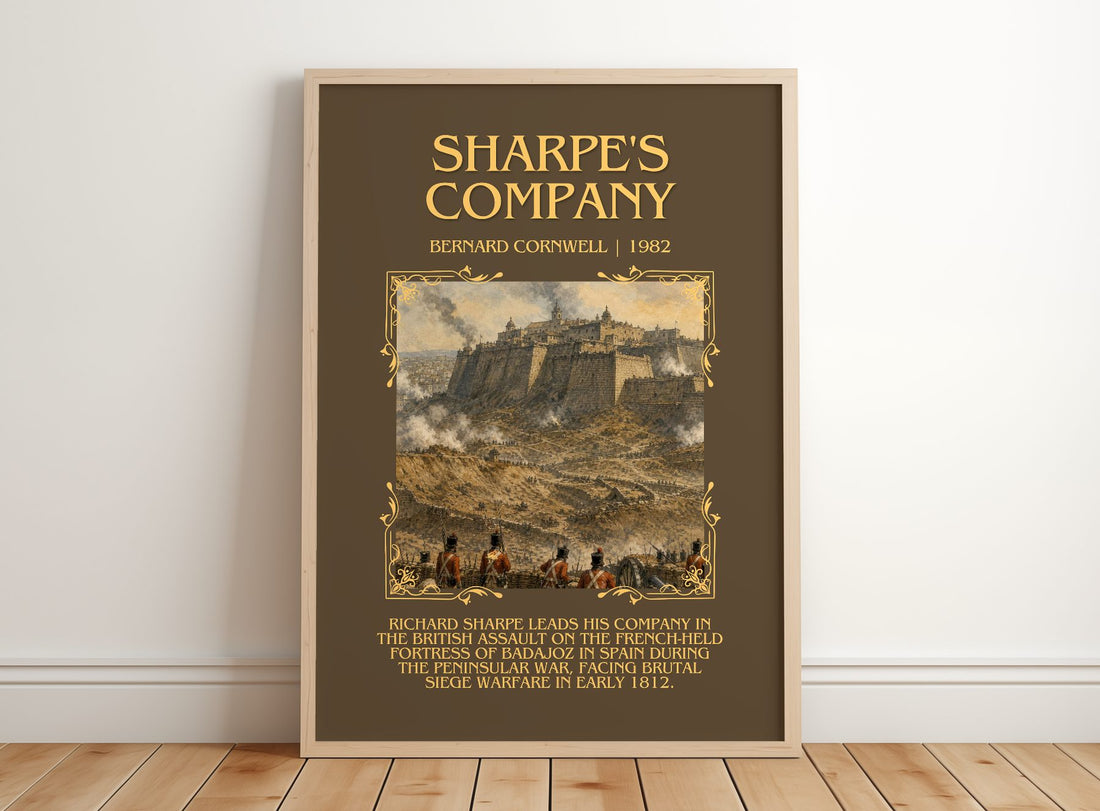 Sharpe's Company Minimalist Book Poster by Bernard Cornwell – framed print leaning on a wooden floor