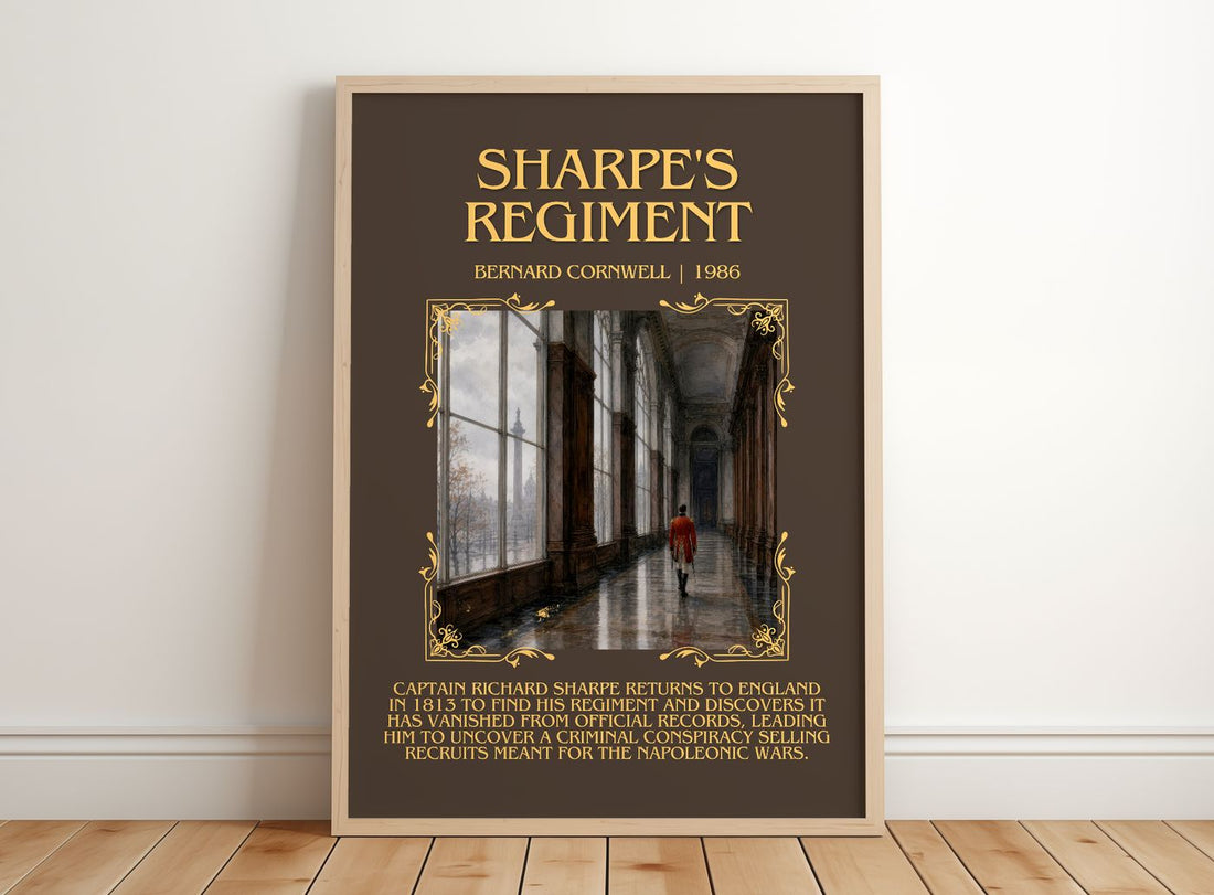 Sharpe's Regiment Minimalist Book Poster by Bernard Cornwell – framed print leaning on a wooden floor