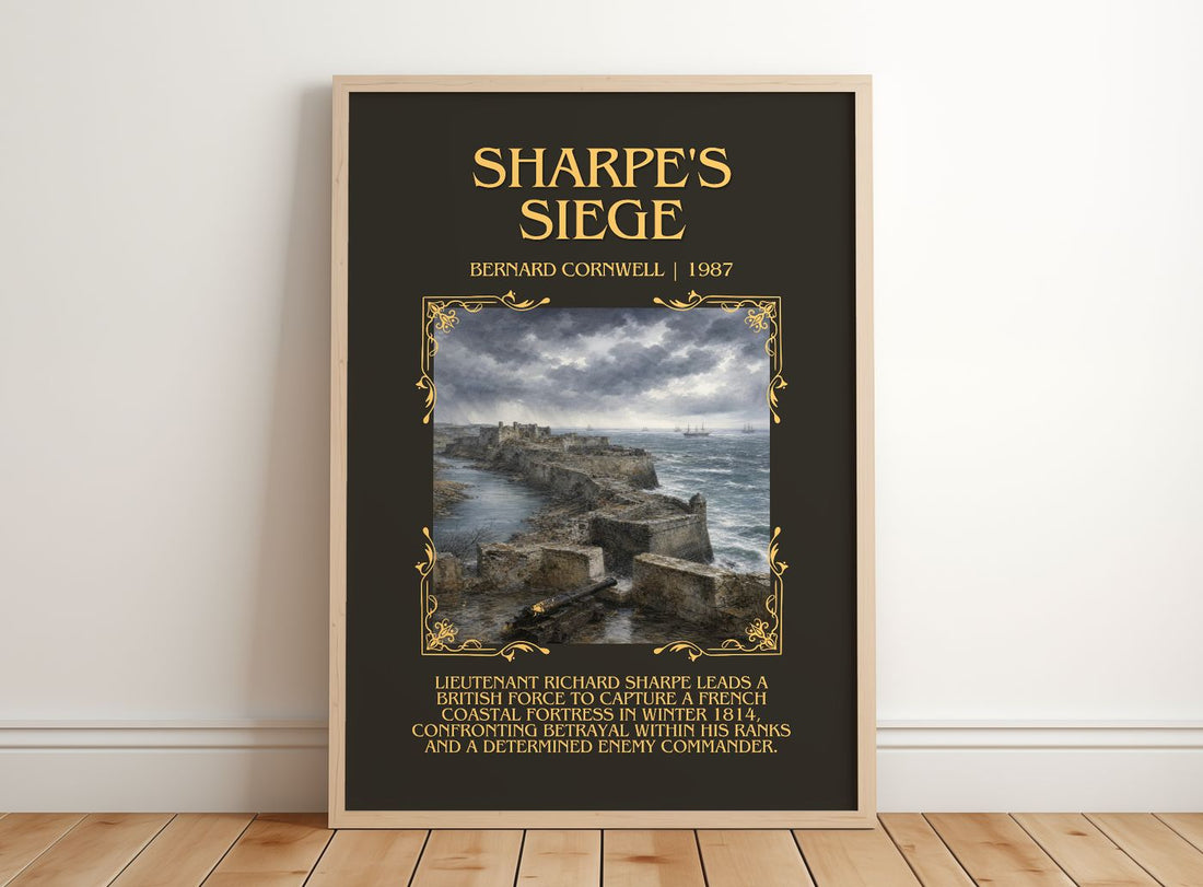 Sharpe's Siege Minimalist Book Poster by Bernard Cornwell – framed print leaning on a wooden floor