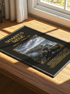 Sharpe's Siege Minimalist Book Poster by Bernard Cornwell – print on a sunlit desk