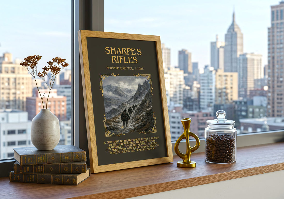 Sharpe's Rifles Minimalist Book Poster by Bernard Cornwell – framed print on a city-view windowsill