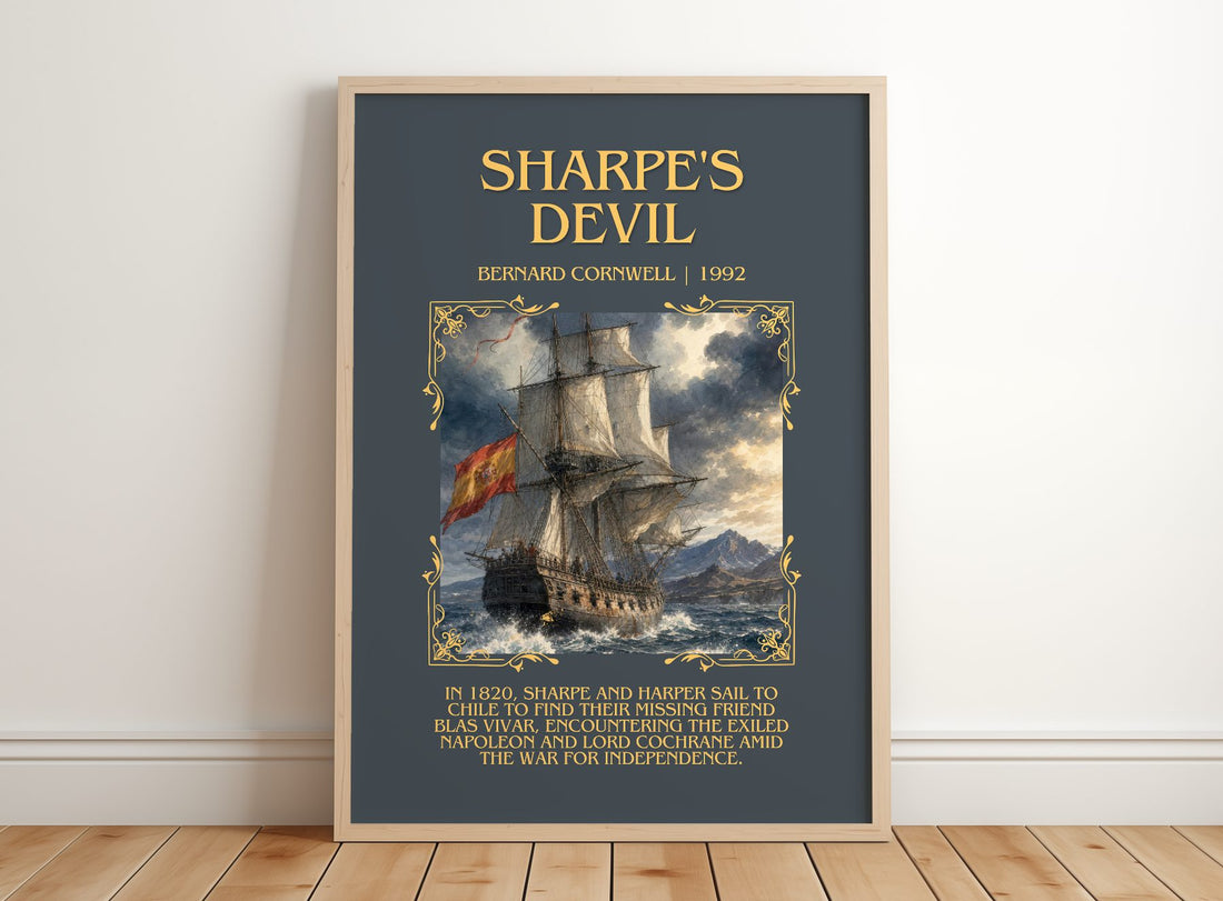 Sharpe's Devil Minimalist Book Poster by Bernard Cornwell – framed print leaning on a wooden floor