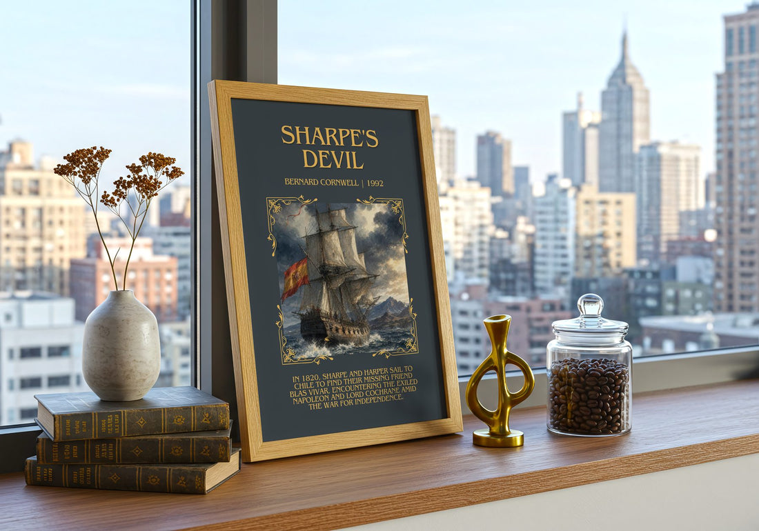 Sharpe's Devil Minimalist Book Poster by Bernard Cornwell – framed print on a city-view windowsill
