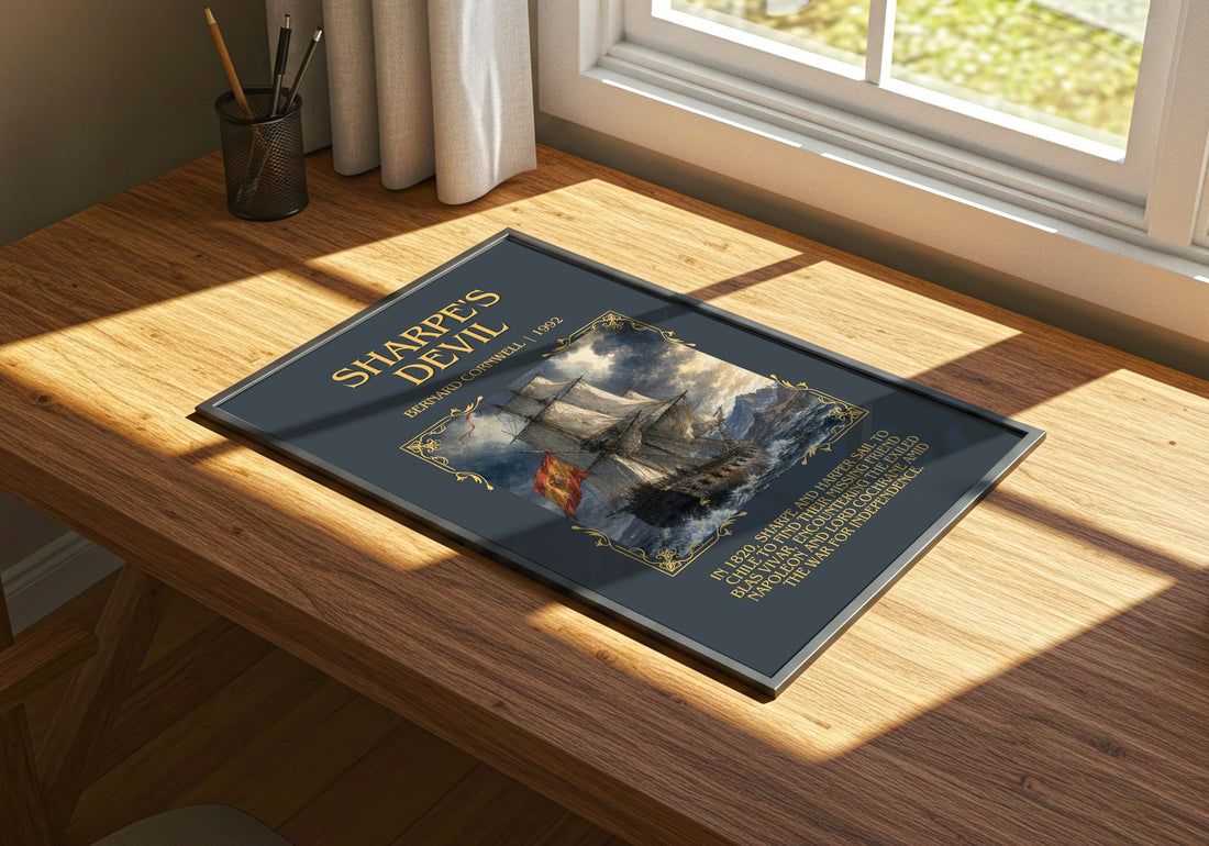 Sharpe's Devil Minimalist Book Poster by Bernard Cornwell – print on a sunlit desk