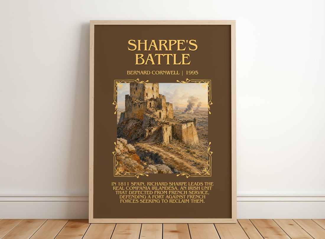 Sharpe's Battle Minimalist Book Poster by Bernard Cornwell – framed print leaning on a wooden floor