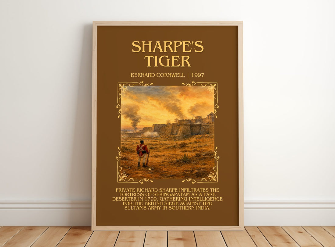 Sharpe's Tiger Minimalist Book Poster by Bernard Cornwell – framed print leaning on a wooden floor