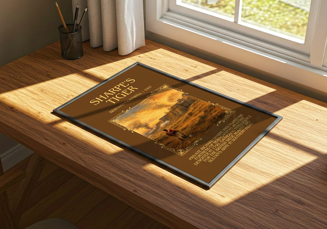 Sharpe's Tiger Minimalist Book Poster by Bernard Cornwell – print on a sunlit desk
