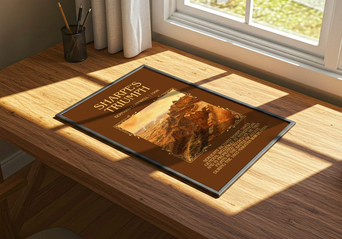 Sharpe's Triumph Minimalist Book Poster by Bernard Cornwell – print on a sunlit desk