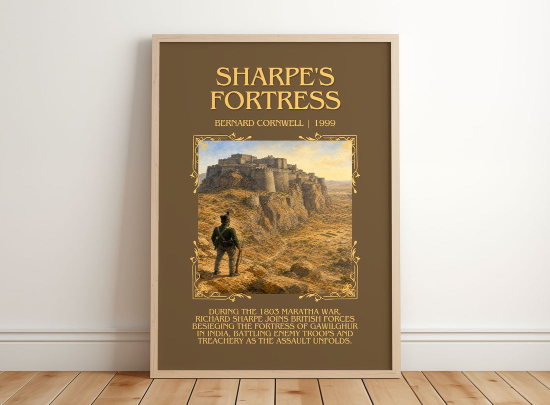 Sharpe's Fortress Minimalist Book Poster by Bernard Cornwell – framed print leaning on a wooden floor