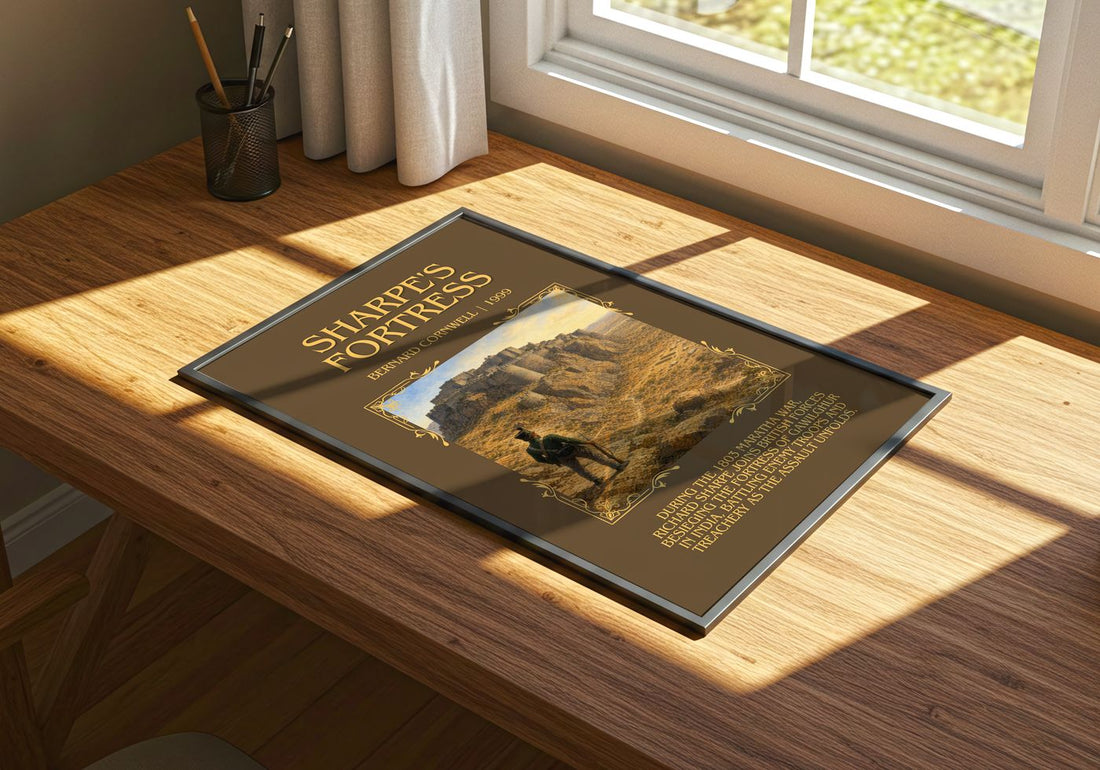 Sharpe's Fortress Minimalist Book Poster by Bernard Cornwell – print on a sunlit desk