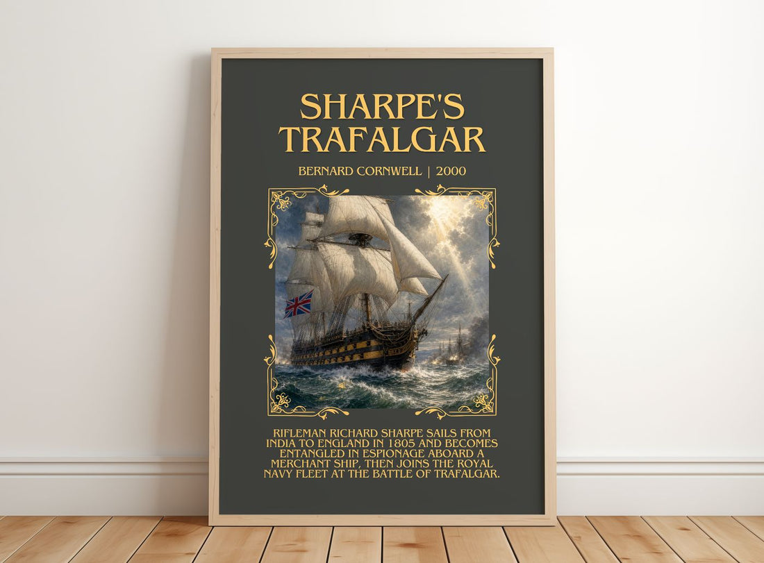 Sharpe's Trafalgar Minimalist Book Poster by Bernard Cornwell – framed print leaning on a wooden floor