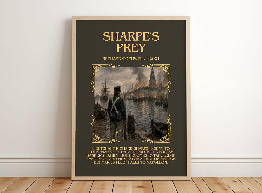 Sharpe's Prey Minimalist Book Poster by Bernard Cornwell – framed print leaning on a wooden floor