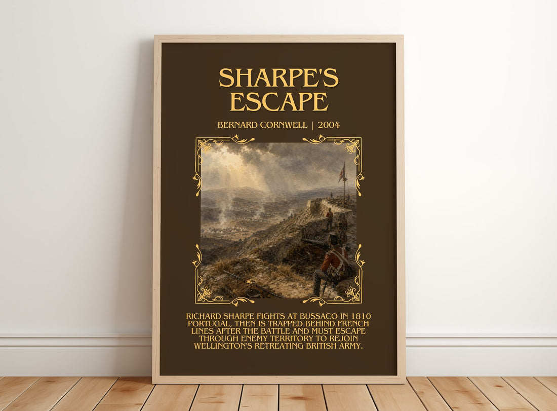 Sharpe's Escape Minimalist Book Poster by Bernard Cornwell – framed print leaning on a wooden floor