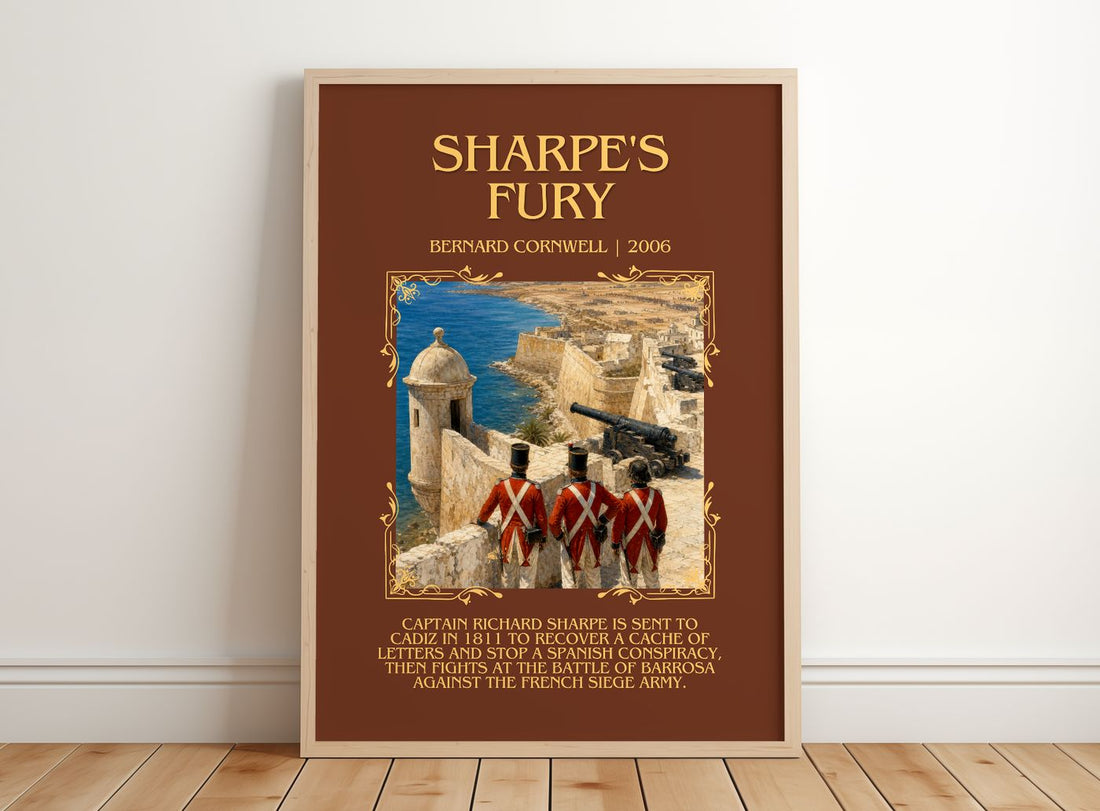 Sharpe's Fury Minimalist Book Poster by Bernard Cornwell – framed print leaning on a wooden floor