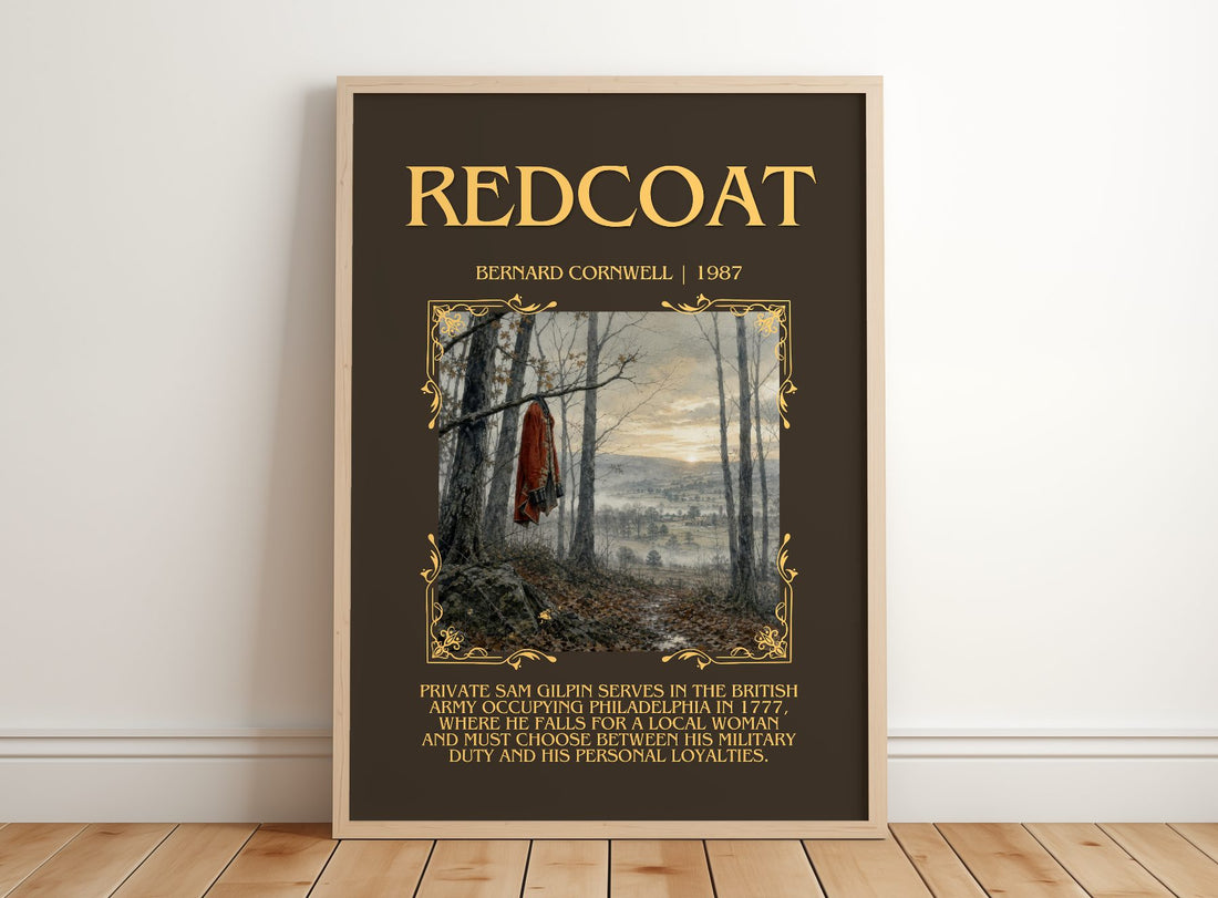Redcoat Minimalist Book Poster by Bernard Cornwell – framed print leaning on a wooden floor