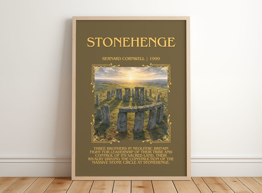 Stonehenge Minimalist Book Poster by Bernard Cornwell – framed print leaning on a wooden floor