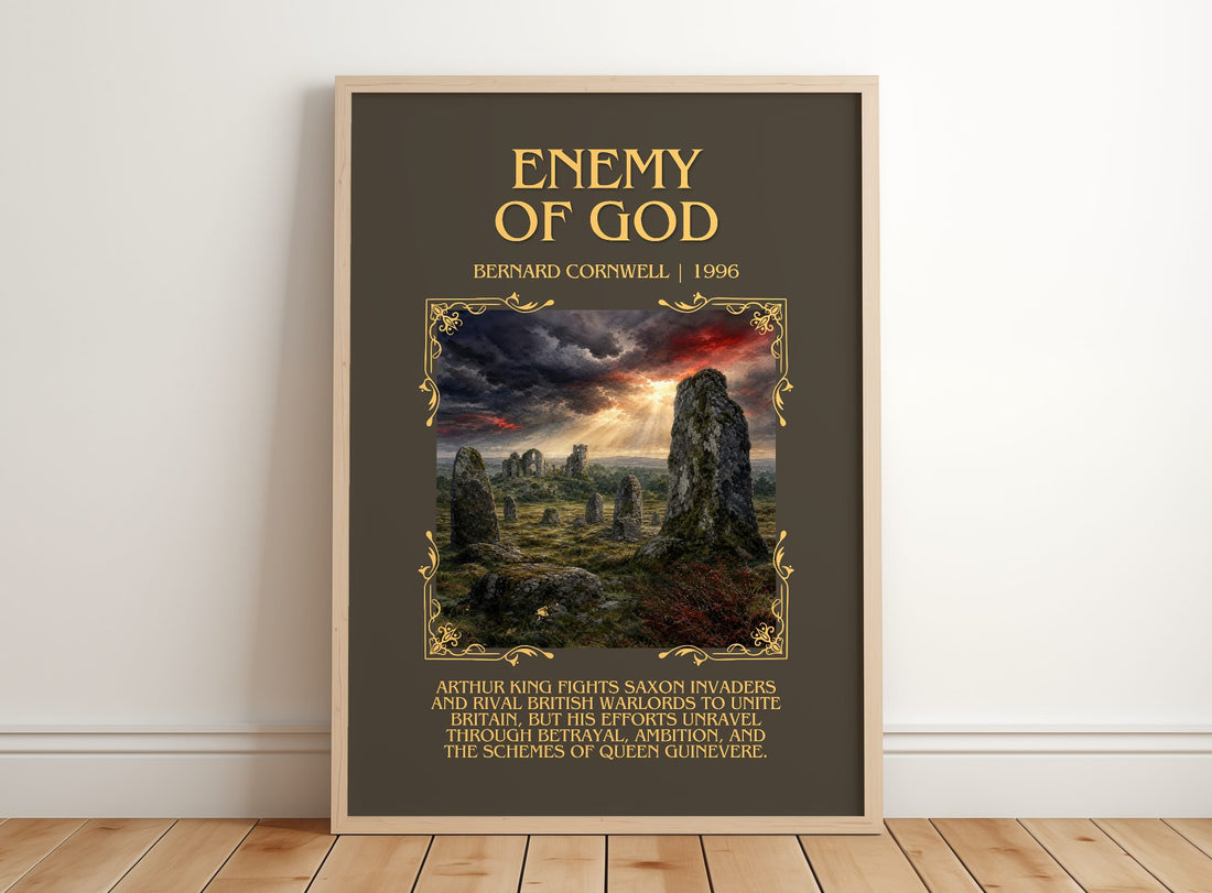 Enemy of God Minimalist Book Poster by Bernard Cornwell – framed print leaning on a wooden floor