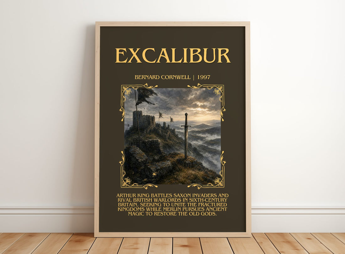 Excalibur Minimalist Book Poster by Bernard Cornwell – framed print leaning on a wooden floor