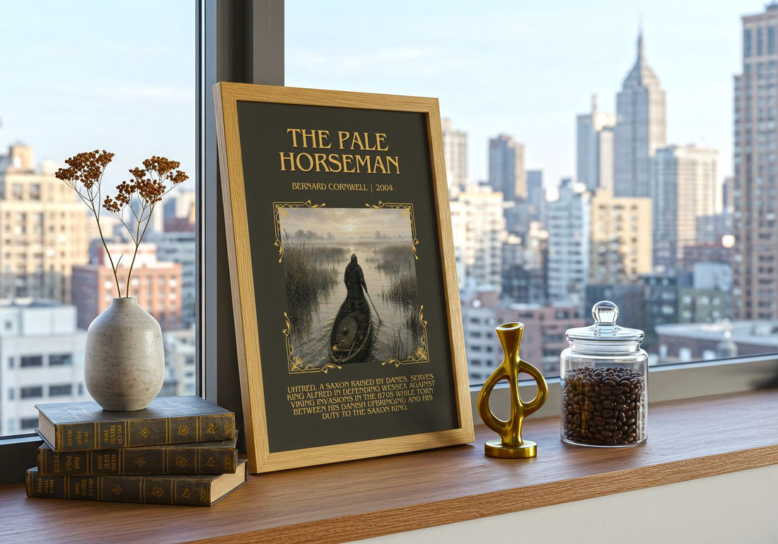 The Pale Horseman Minimalist Book Poster by Bernard Cornwell – framed print on a city-view windowsill