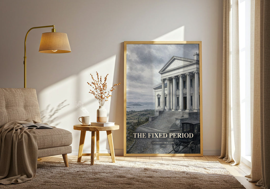 The Fixed Period watercolour print in frame leaning in hallway – satire wall art (mockup)
